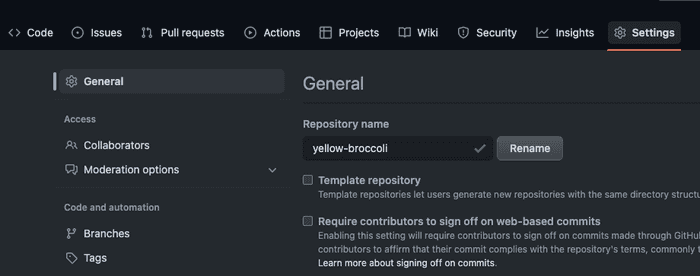 вкладка settings в репозитории на github