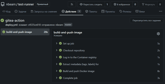 работа экшена в репозитории gitea
